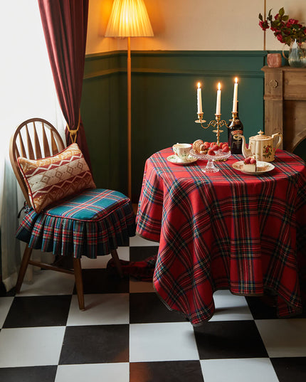Vintage Ruffled Red Green Plaid Cotton Chair Cushion & Memory Foam