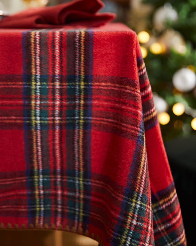 Vintage Red Plaid Christmas Wool Tablecloth