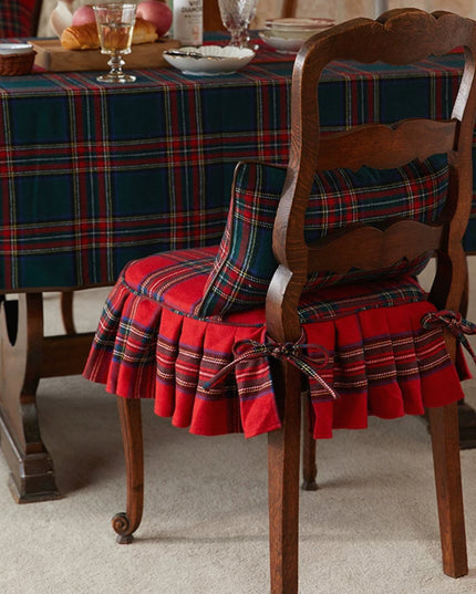 Vintage Ruffled Red Green Plaid Cotton Chair Cushion & Memory Foam