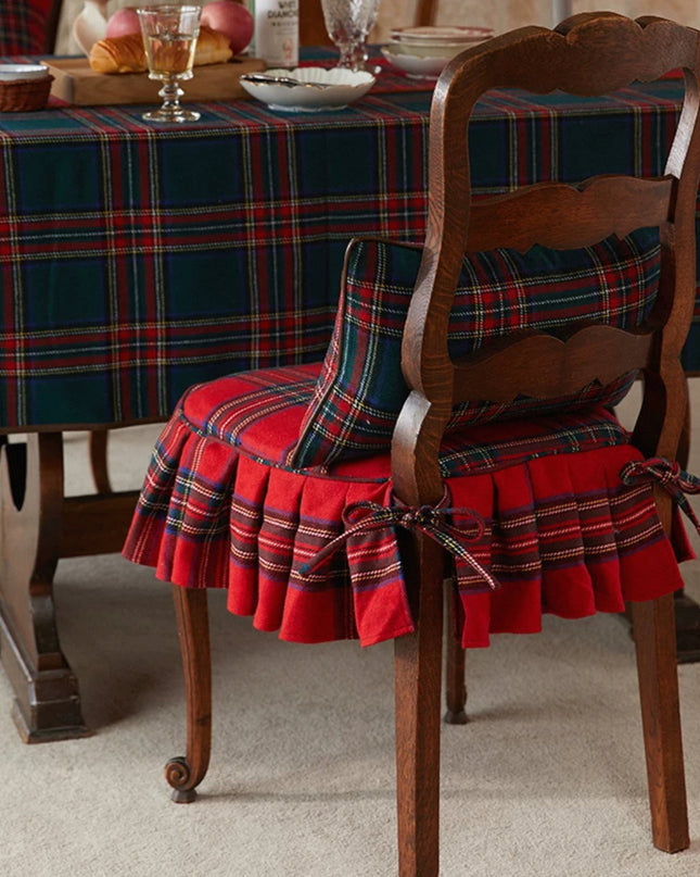 Vintage Ruffled Red Green Plaid Cotton Chair Cushion & Memory Foam