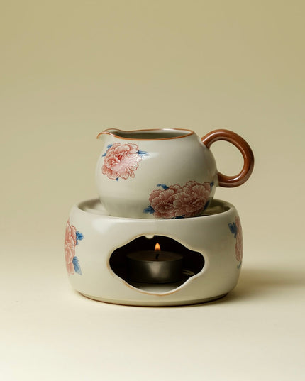 Hand-Painted Rose Ceramic Tea Set - Artisan Teapot & Candle Warmer