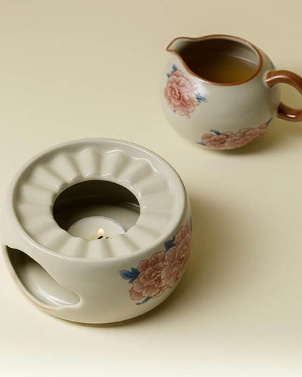 Hand-Painted Rose Ceramic Tea Set - Artisan Teapot & Candle Warmer