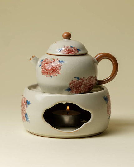 Hand-Painted Rose Ceramic Tea Set - Artisan Teapot & Candle Warmer
