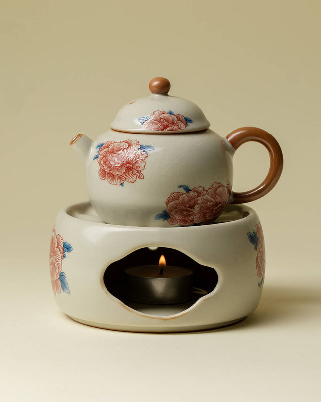 Hand-Painted Rose Ceramic Tea Set - Artisan Teapot & Candle Warmer