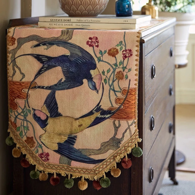 Hand Painted Tasseled Flying Geese Vintage Entryway Table Runner
