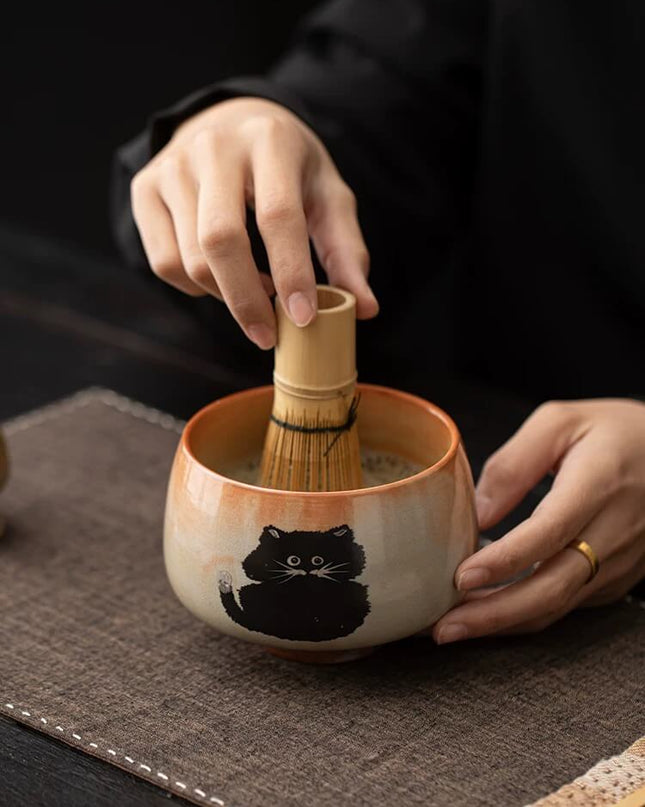 Hand Painted Shino Cat Japanese Matcha Set