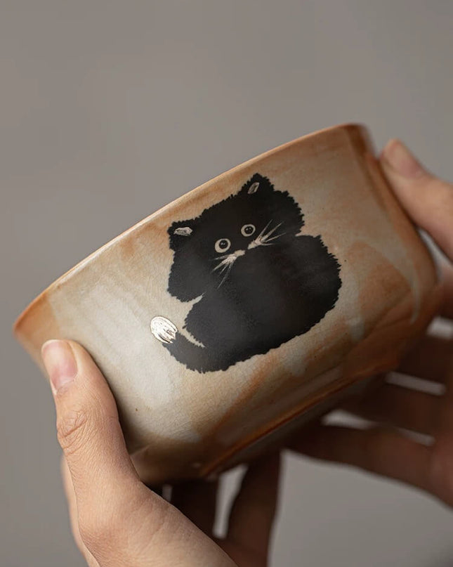 Hand Painted Shino Cat Japanese Matcha Set