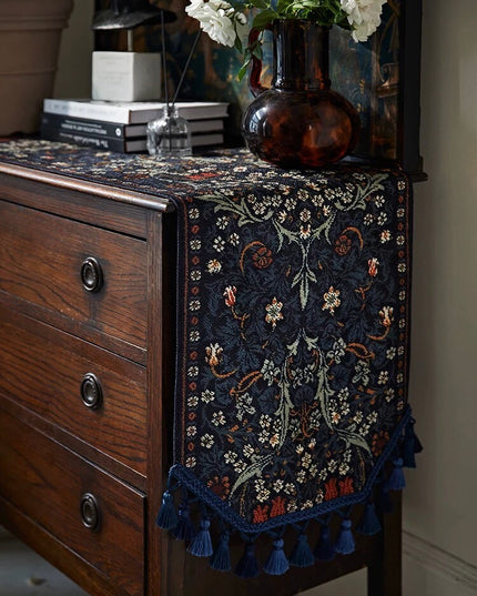 Embroidered vintage floral tassel table runner