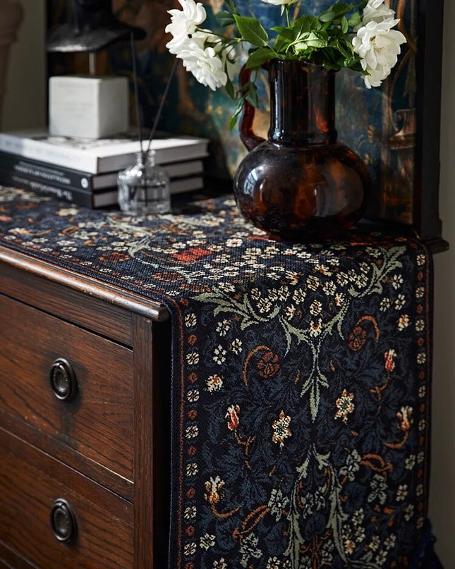Embroidered vintage floral tassel table runner