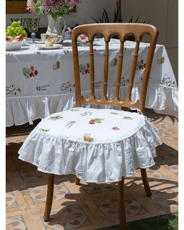 Embroidered Floral Linen Lotus-Leaf Chair Cushion