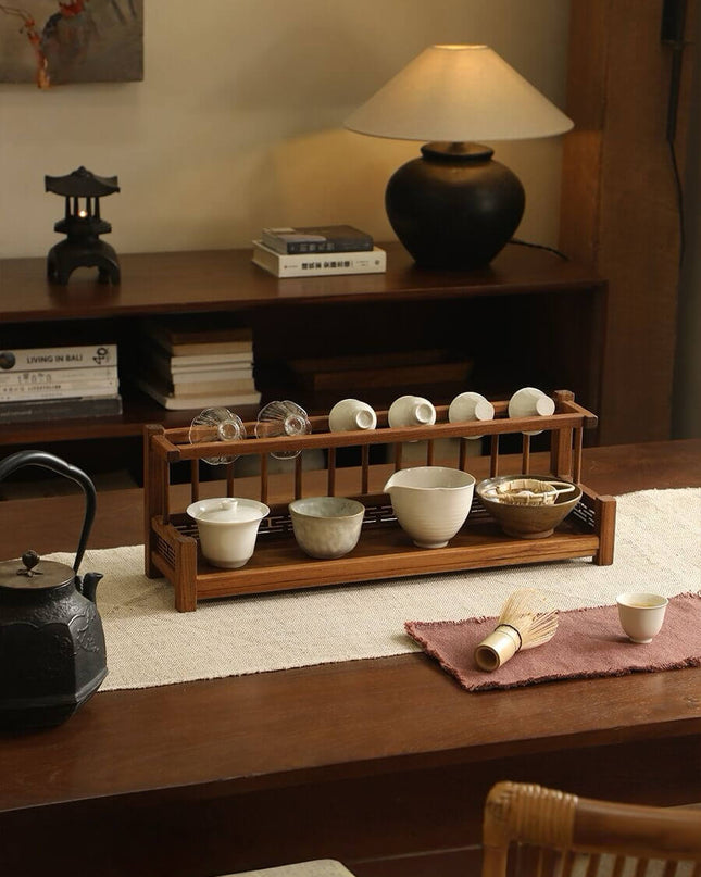 Teak Double Layer Teacup & Matcha Organizer