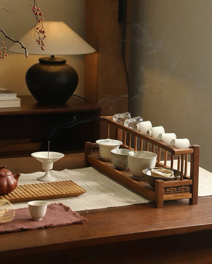 Teak Double Layer Teacup & Matcha Organizer