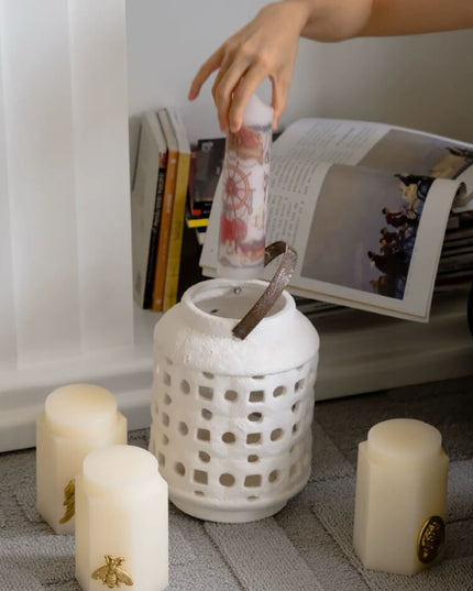 Hand Carved Ceramic Candle Holder & Artificial Flower Decor