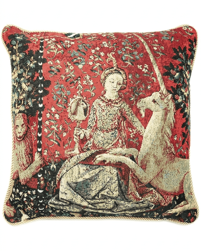 Lady and Unicorn Jacquard Tapestry Pillow Cover — The Mirror With Border