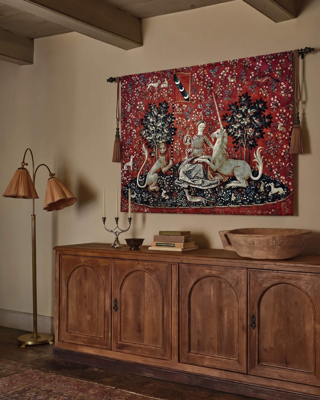 Lady and Unicorn Tapestry Medieval Belgian Jacquard Wall Hanging - The Mirror With Border