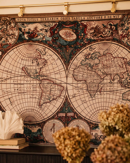 Old World Map Belgian Jacquard Hemispheres Tapestry Wall Hanging - Frederik De Wit