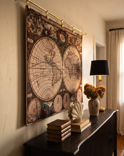 Old World Map Belgian Jacquard Hemispheres Tapestry Wall Hanging - Frederik De Wit