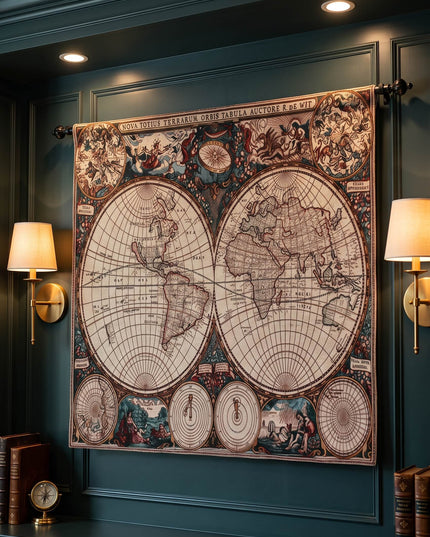 Old World Map Belgian Jacquard Hemispheres Tapestry Wall Hanging - Frederik De Wit