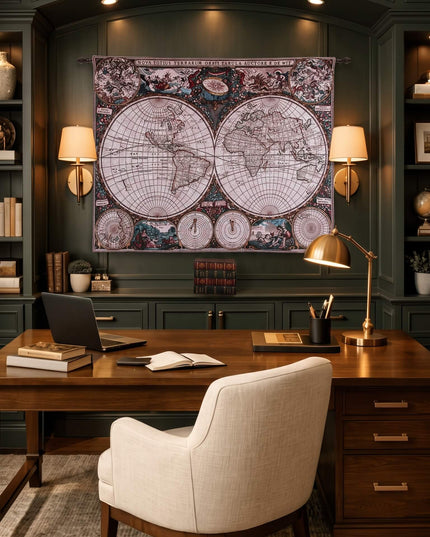 Old World Map Belgian Jacquard Hemispheres Tapestry Wall Hanging - Frederik De Wit