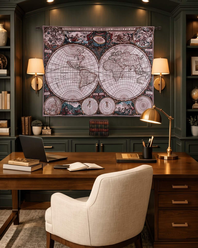Old World Map Belgian Jacquard Hemispheres Tapestry Wall Hanging - Frederik De Wit