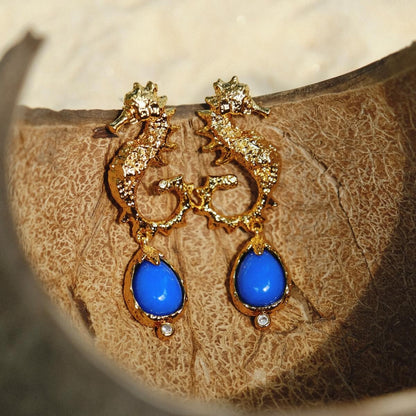 Seahorse Vintage Cameo Earrings Klein Blue