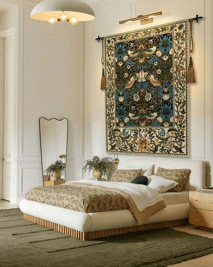 Strawberry Thief William Morris Medieval Belgium Jacquard Tapestry Wall Hanging - Blue