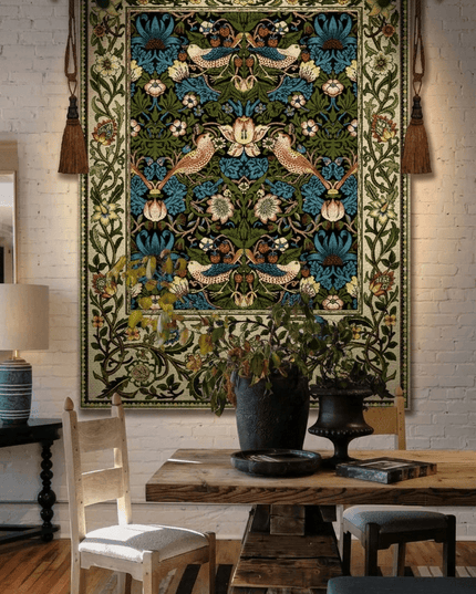 Strawberry Thief William Morris Medieval Belgium Jacquard Tapestry Wall Hanging - Blue