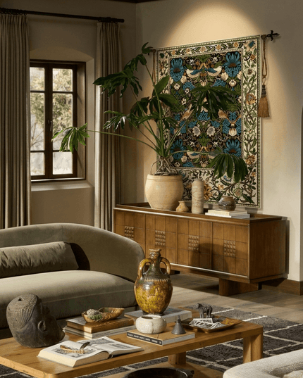 Strawberry Thief William Morris Medieval Belgium Jacquard Tapestry Wall Hanging - Blue