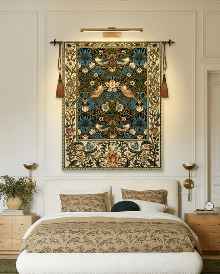 Strawberry Thief William Morris Medieval Belgium Jacquard Tapestry Wall Hanging - Blue