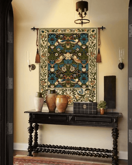 Strawberry Thief William Morris Medieval Belgium Jacquard Tapestry Wall Hanging - Blue