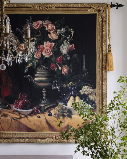 Summer Bouquet Violin Dark Tapestry Wall Hanging - Flowers & Fruits