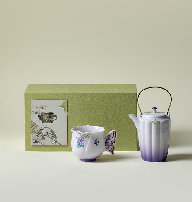 Japanese Lucky Butterfly Ceramic Tea Cup & Teapot Set
