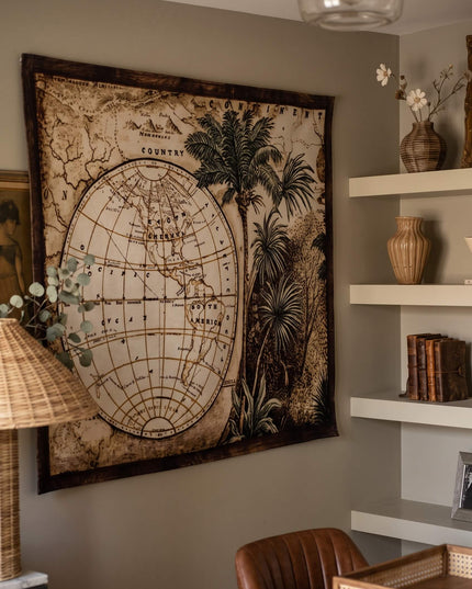 Tropical Palm Trees Old World Map Belgian Jacquard Tapestry Wall Hanging