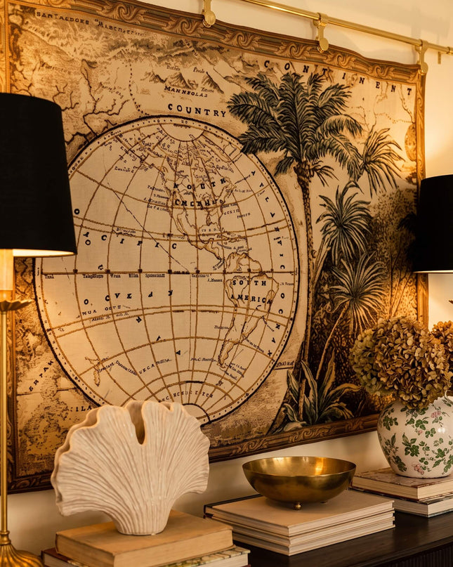 Tropical Palm Trees Old World Map Belgian Jacquard Tapestry Wall Hanging