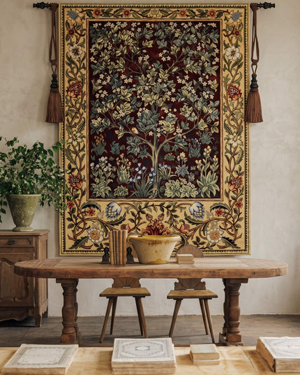 William Morris Tree of Life Medieval Jacquard Tapestry Wall Hanging - Ruby Red