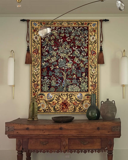 William Morris Tree of Life Medieval Jacquard Tapestry Wall Hanging - Ruby Red