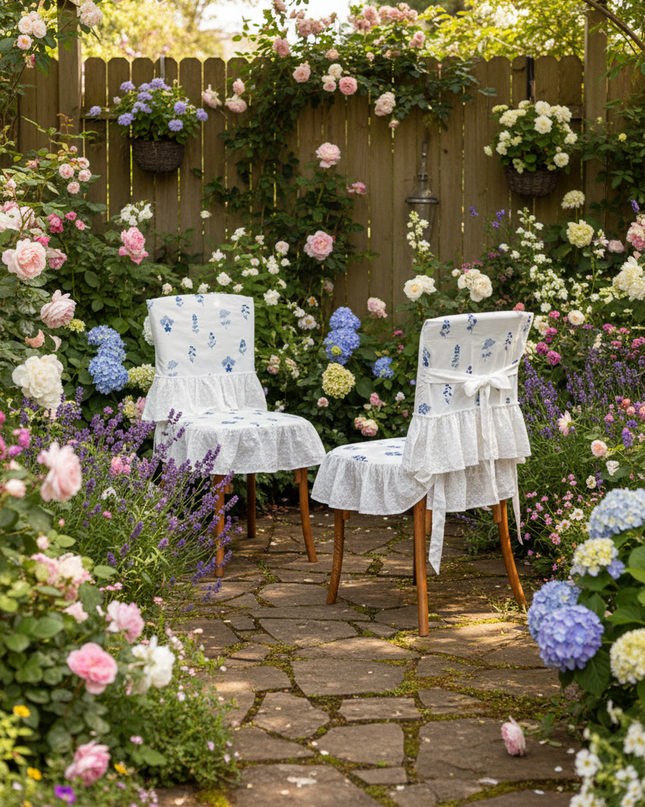 Blue Floral Chair Covers in Garden Setting
