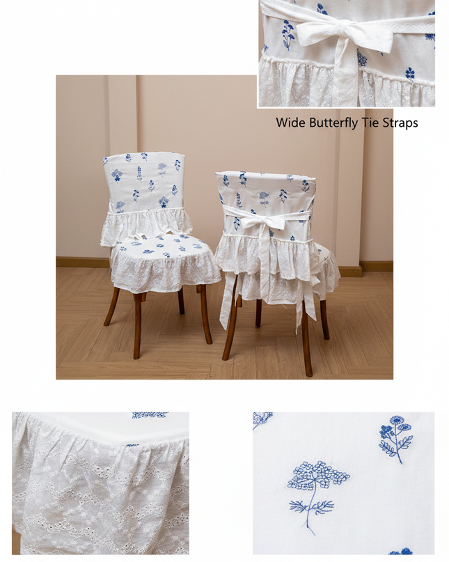 Blue Floral Embroidered Chair Cushion & Cover Details