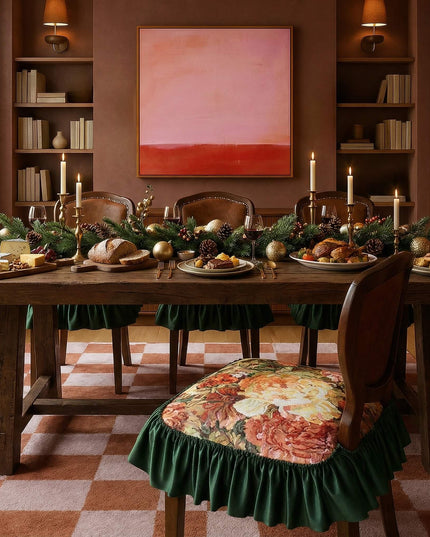 Vintage Embroidered Floral Chenille Ruffled Chair Cushion Set - Cotton Filled