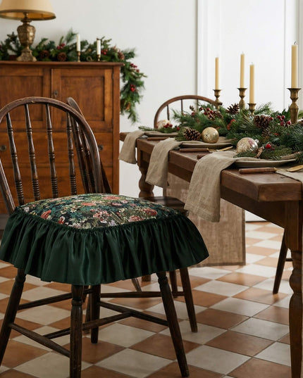 Vintage Embroidered Floral Chenille Ruffled Chair Cushion Set - Cotton Filled