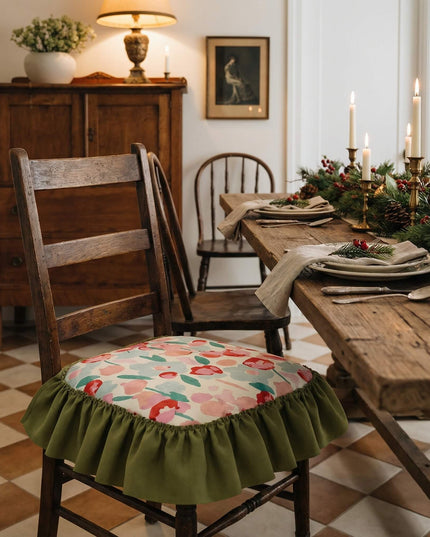 Vintage Embroidered Floral Chenille Ruffled Chair Cushion Set - Cotton Filled