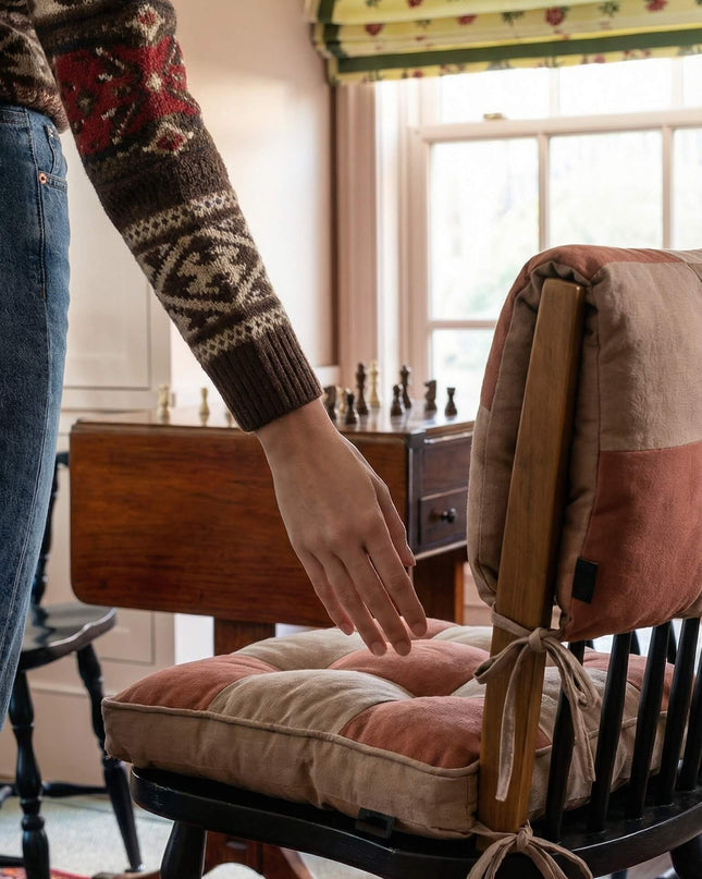 Vintage-Soft Linen-Cotton Checkered Chair Cushion Covers - Filling & Removable Ties