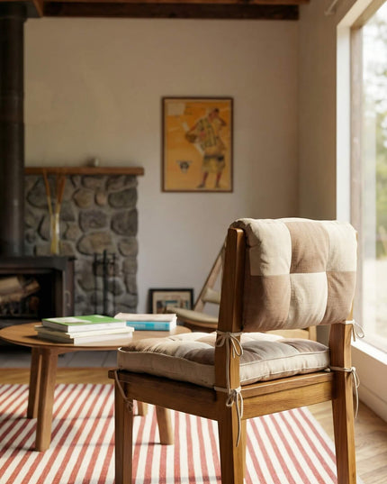 Vintage-Soft Linen-Cotton Checkered Chair Cushion Covers - Filling & Removable Ties