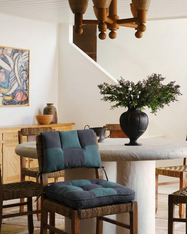 Vintage-Soft Linen-Cotton Checkered Chair Cushion Covers - Filling & Removable Ties