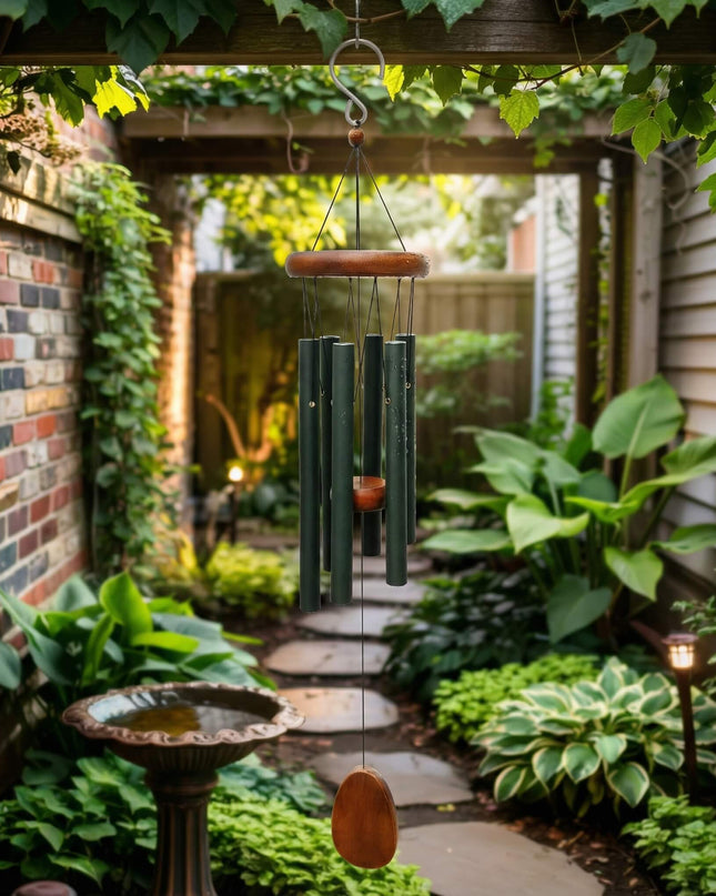 Wood Bamboo Metal Memorial Wind Chime - Gold & Green