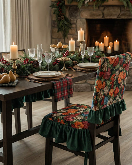 Vintage Embroidered Floral Chenille Ruffled Chair Cushion Set - Cotton Filled