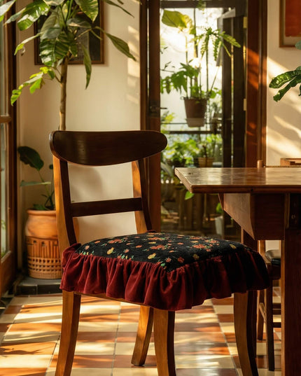 Embroidered Floral Chenille Ruffled Chair Cushion Covers- Winter Cotton