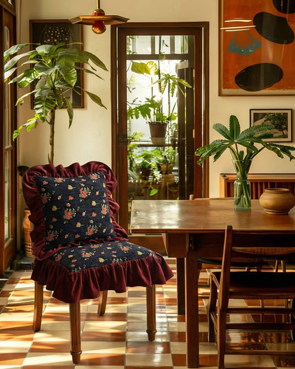 Embroidered Floral Chenille Ruffled Chair Cushion Covers- Winter Cotton