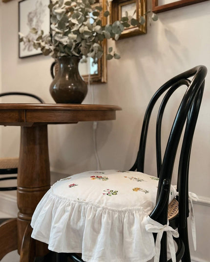 Embroidered Floral Linen Lotus-Leaf Chair Cushion