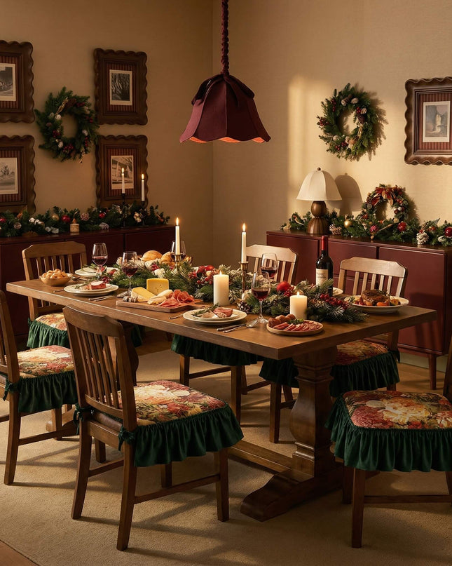 Vintage Embroidered Floral Chenille Ruffled Chair Cushion Set - Cotton Filled